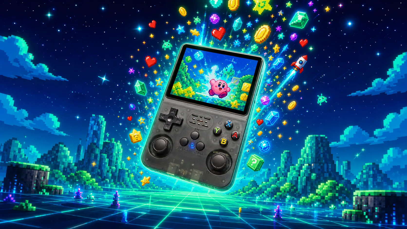 R36S retro handheld console with 15,000+ games bursting out of the screen