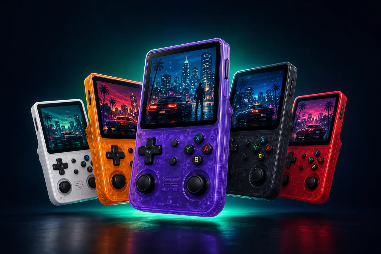 R36S retro handheld console in all colours