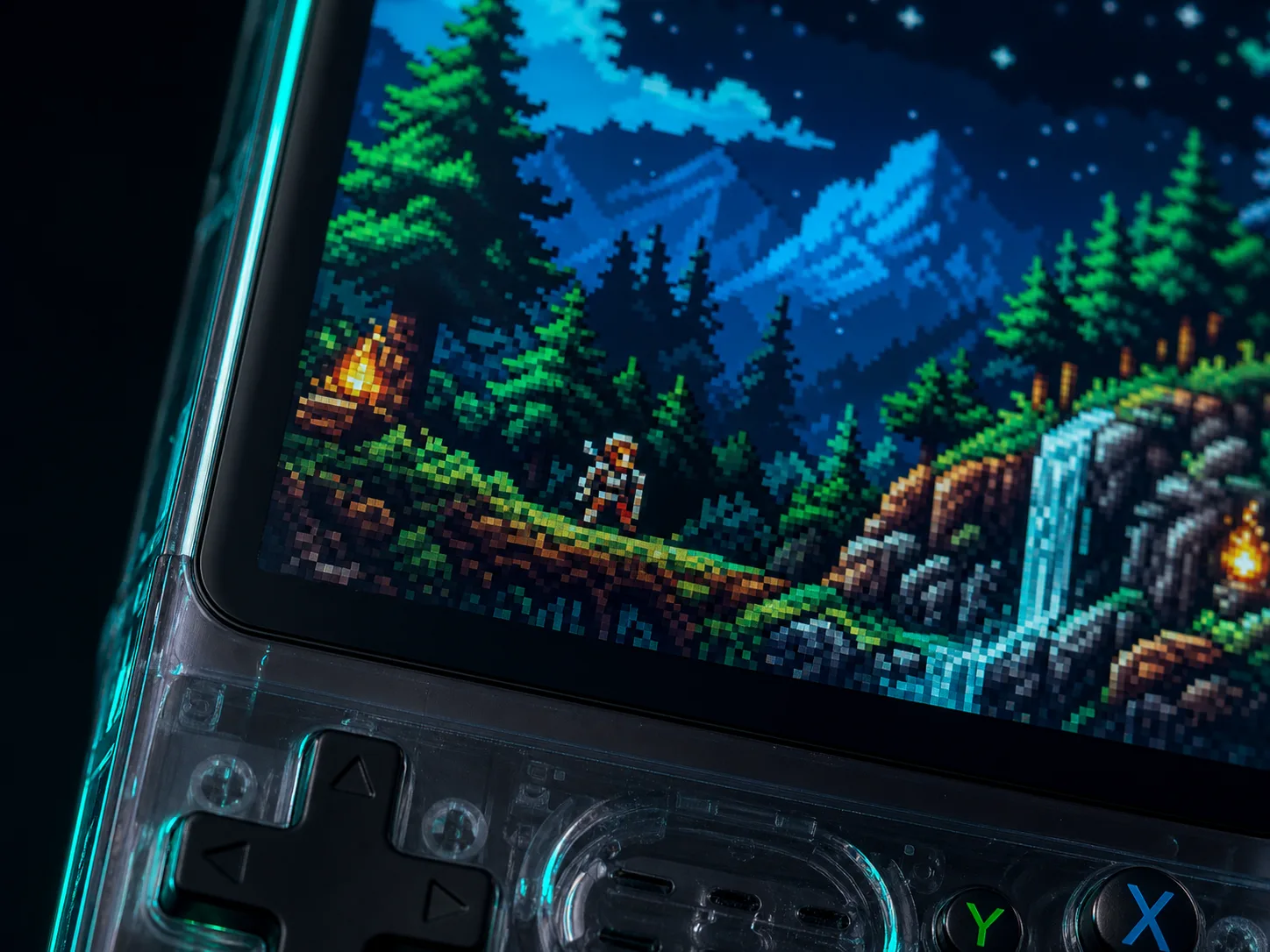 Pin-sharp 3.5-inch IPS display of the R36S showing pixel art